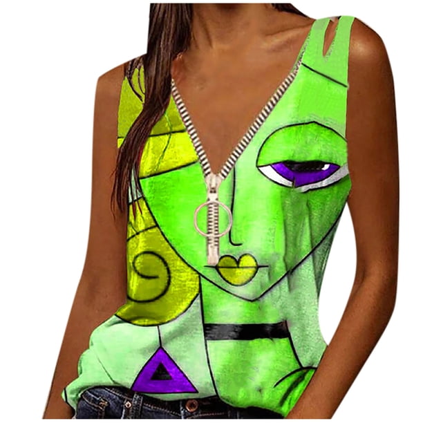 Blusa informal con estampado de cuello en V sin mangas a la moda de talla grande para mujer Pompotops lopia997173