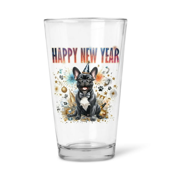 Happy New Year with French Bulldog Fireworks Holiday Xmas Winter 2025 16oz Pint Beer Glass Mug Dog Lover Gifts Beer Glasses Cup - 00025