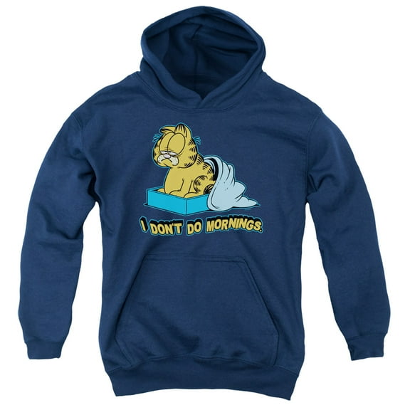 Garfield I Dont Do Mornings Youth Pullover Hoodie Sweatshirt Navy