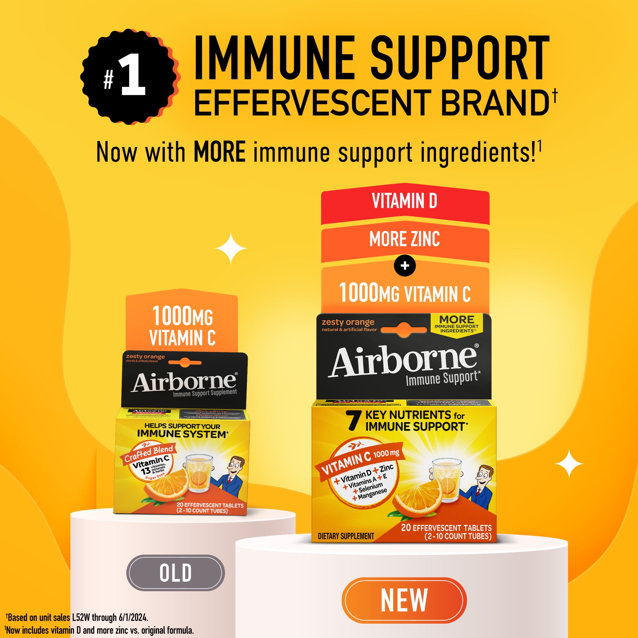 (2 pack) Airborne 1000mg Vitamin C Immune Support Effervescent Tablets, Multivitamin Supplement, Zesty Orange Flavor, 20 ct