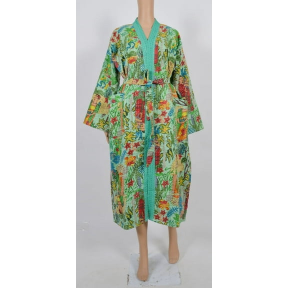 Green Frida khalo kantha jacket, Indian handmade japanese kimono style kantha robe, Winter jacket, Green colored tie belt coat