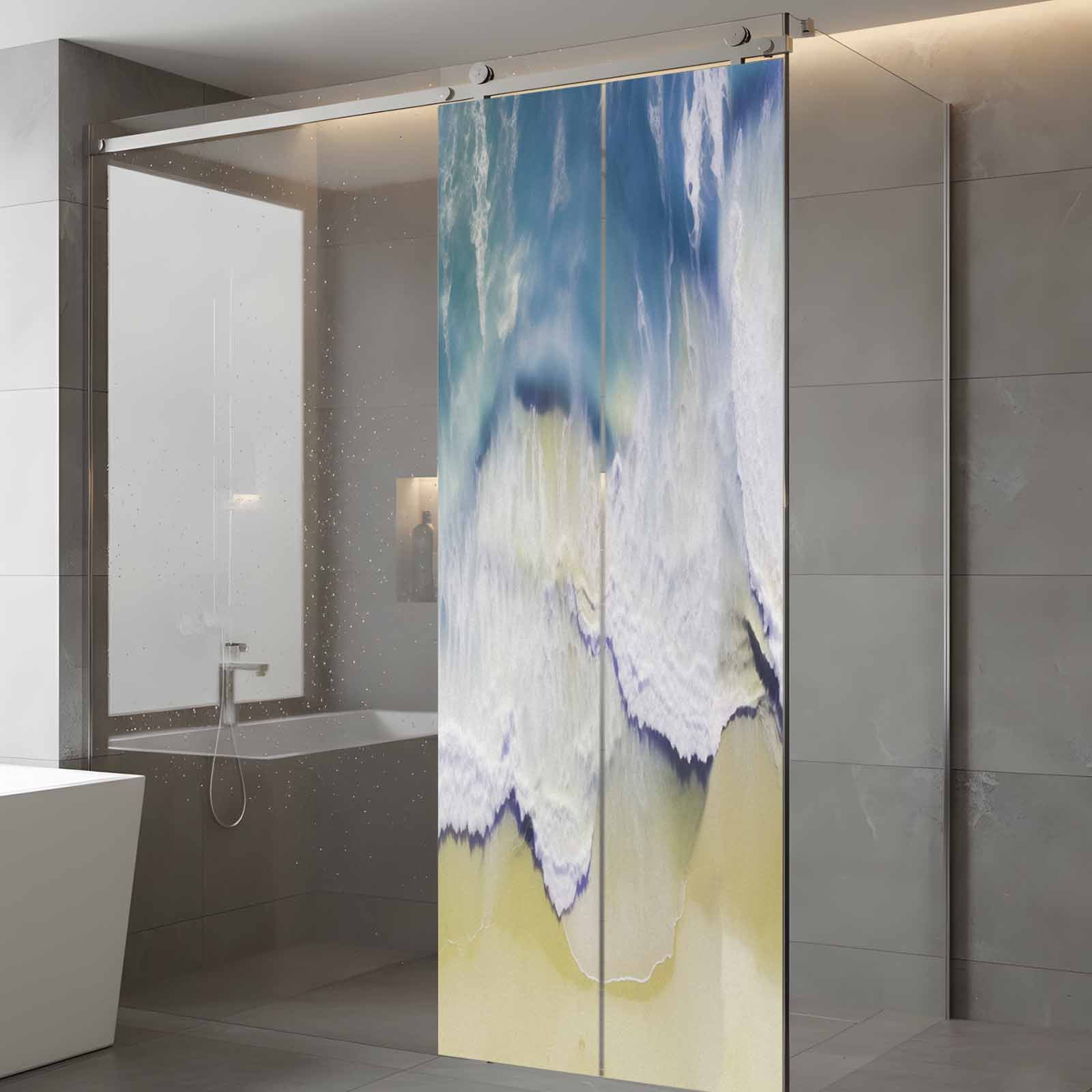 Abstract Summer Window Privacy Film, Ocean Beach Blue Wave Frosted Glass Window Clings Static Cling UV Heat Blocking Reusable Door Sticker for Bathroom 23.6 x 59 Inch