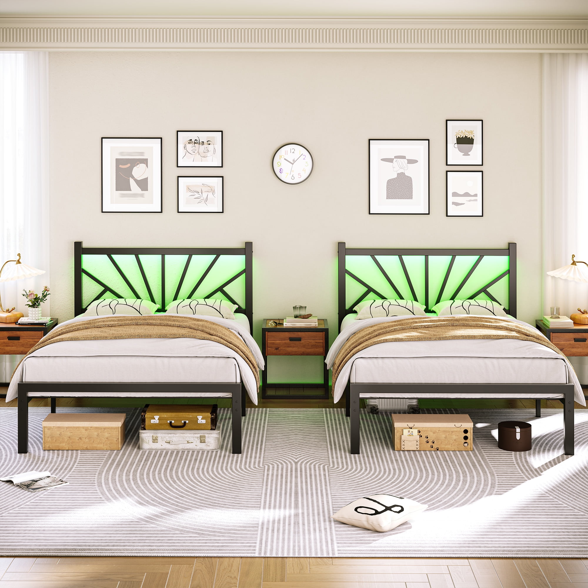 Twin Size Metal Bed Frame with Headboard Metal Platform Bed Frame with LED Lights Bed Frame Twin with Storage Underbed, Noise Free, No Box Spring, Black