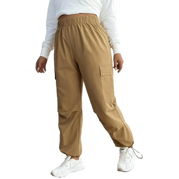Khaki Casual Solid Cargo Pants Plus Size Pants (Women's Plus Bottoms