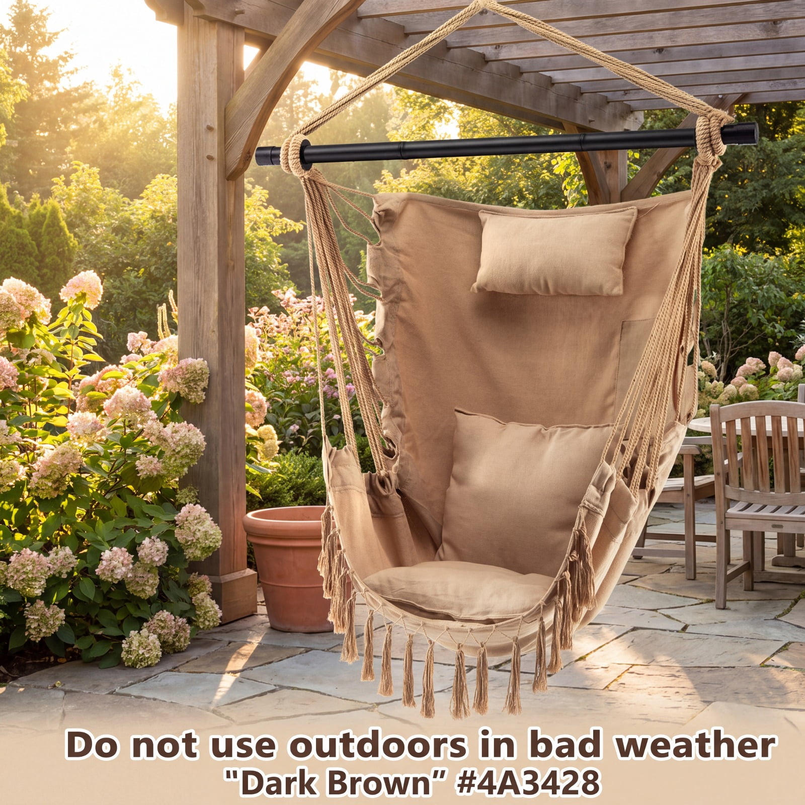Furnibear Hanging Rope Swing Chair with Soft Pillow Two Removable Cushions Tassel Trim and Side Pocket for Patio Porch and Bedroom, Beige