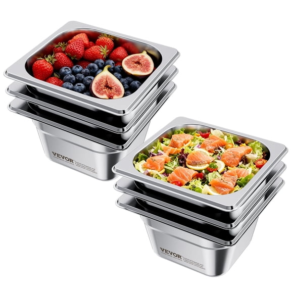 VEVOR 6 Pack Stainless Steam Hotel Pans, 1/6 Size Table Steam Pan, 4 Inch Deep, Anti Jam Restaurant Supplies Reusable Rustproof Catering Storage for Home, Party, Restaurant, Hotel, Buffet
