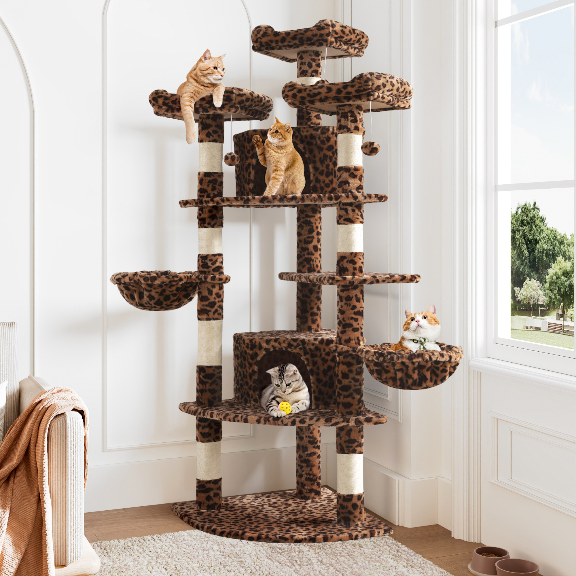 Allewie 73in Fan-Shaped Space-Saving Corner Cat Tower, Multi-Level Tall Cat Tree for Indoor Kitties, Cozy Baskets, Condos, House, Perches, Sisal Scratching Posts, Leopard Print