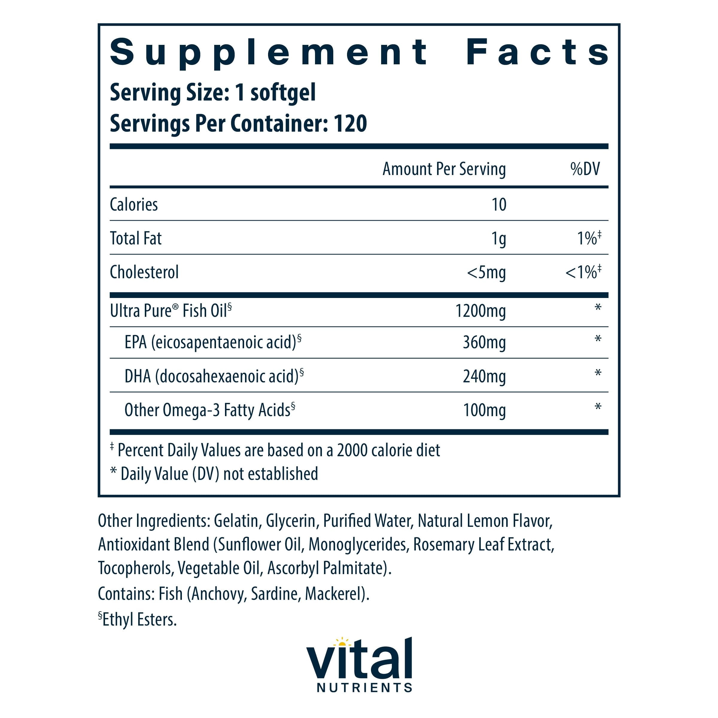 Vital Nutrients Ultra Pure Fish Oil 700 | Supports Heart, Brain, and Joint Health | Sustainably Sourced High EPA & DHA Omega-3 Fatty Acid | Lemon Flavor | Gluten, Dairy & Soy Free | 120 Softgels