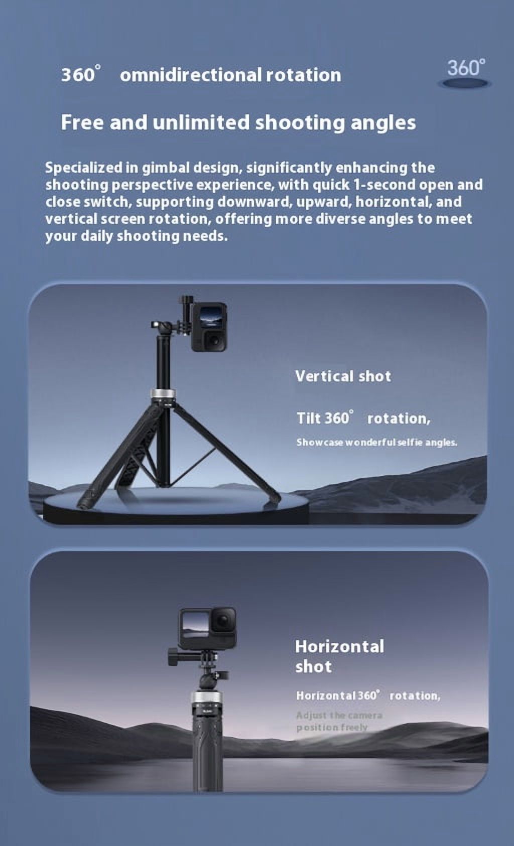 360° Rotatable Action Camera Tripod - Bigcan Telescopic Selfie Stick with 1.5m Extension and Foldable Base for GoPro, Phones, 1/4" Mounts, Travel Vlogging