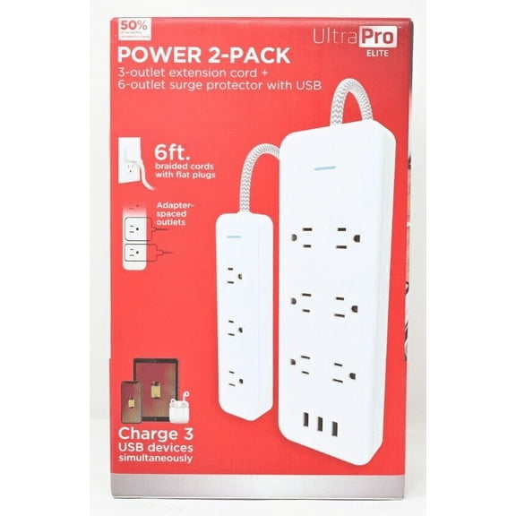 Ultra Pro Elite Power 2 Pack 3 outlet extension cord   6 outlet surge protector