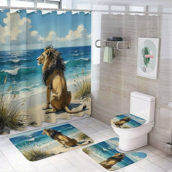 Lion Print Shower Curtain Set 4-Set Bathroom Decor Set Jungle Animal Theme Includes Toilet Cover Mat ,U-Mat ,Floor Mat ,Shower Curtain with 12 Hooks,72inx72in