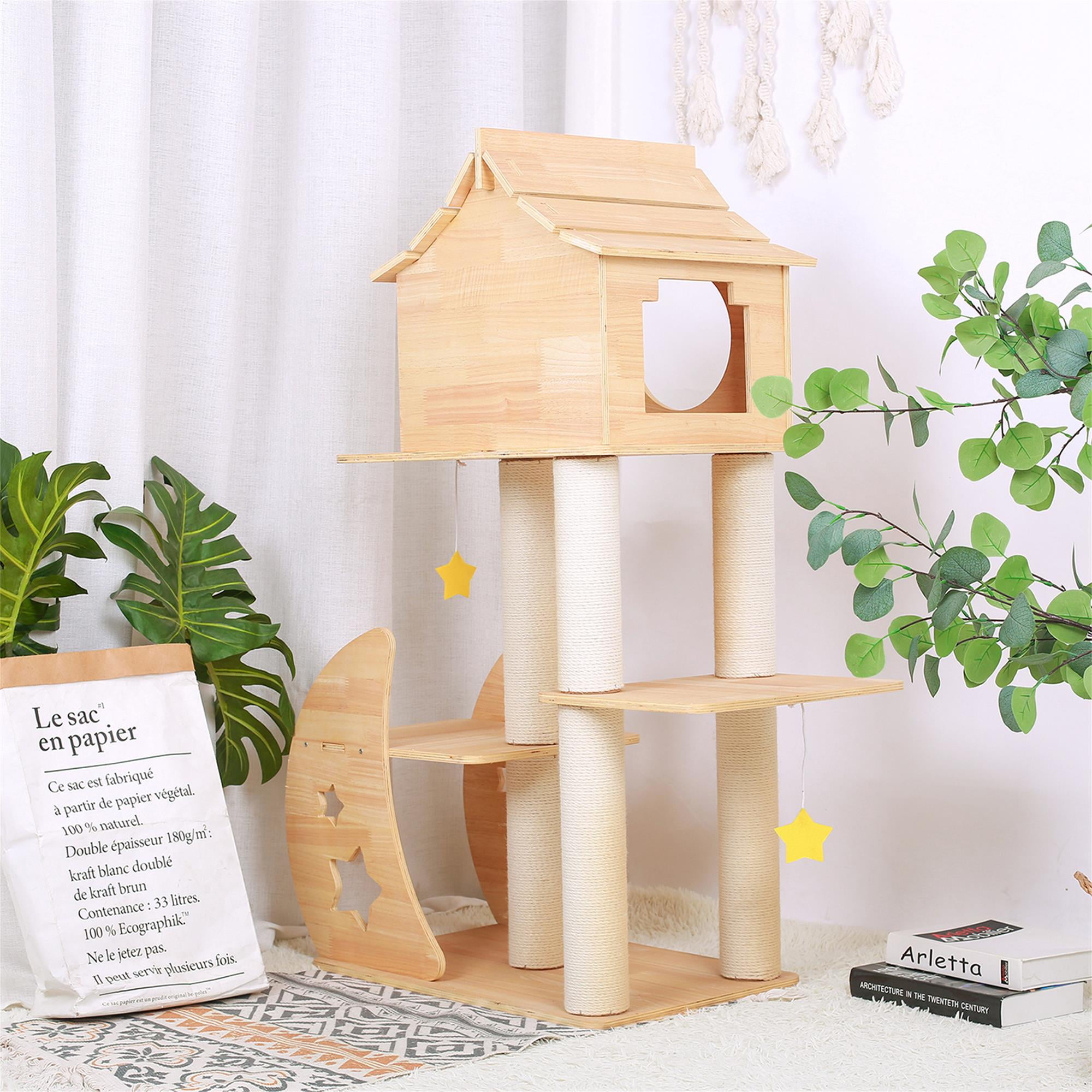 Pefilos 46" Modern Wooden Cat Tree Tower for Indoor Cats, Multi-Level Sturdy Cat Tree Play House Condo with Scratching Posts, Beige Pefilos 46" Modern Wooden Cat Tree Tower for Indoor Cats, Multi-Level Sturdy Cat Tree Play House Condo with Scratching Posts, Beige