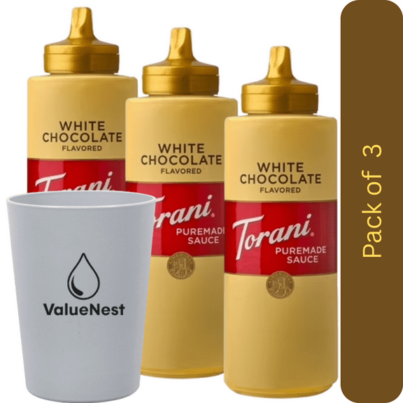 Torani Puremade White Chocolate Sauce, 3 Pack with Glass by Value Nest