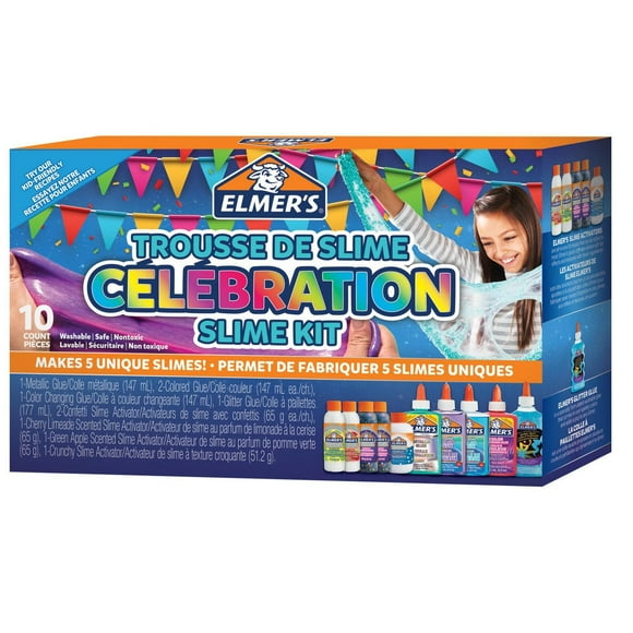 Kit de slime pour célébration Elmer's, comprend des fournitures de slime incluant divers activateurs liquides magiques et diverses colles liquides