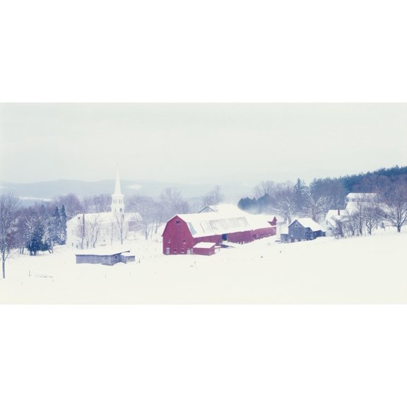 Snow covered barn and a church in a town Peacham Caledonia County Vermont USA Canvas Art - Panoramic Images (12 x 24)