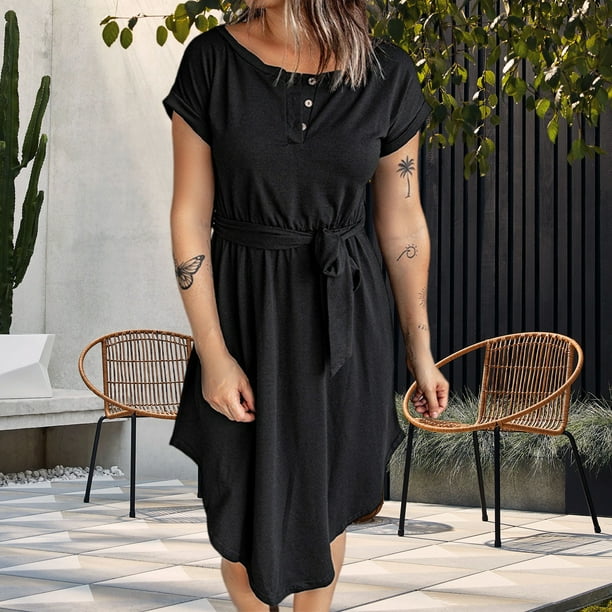 Vestido De Manga Corta Vestidos camiseros cortos Cinturon con botones Vestido casual Vestidos con cintura cortada Negro M Cgtredaw para Mujer Negro T L Walmart en linea