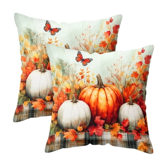 LSLXA Fall Thanksgiving Outdoor Pillow Covers 18X18 Pumpkin Maple Leaves Decorative Pillow Case Set Of 2 Autumn Vintage Cushion Case For Couch Patio Bench