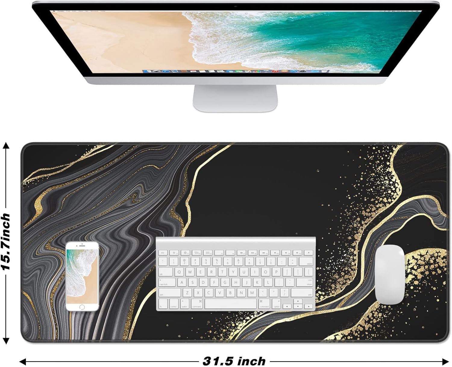 Extended Large Mouse Pad, XXL Gaming Mousepad 31.5 x 15.7 Inch, Big Computer Keyboard Desk Pad, Waterproof Mouse Mat with Stitched Edges and Non-Slip Base for Office Gaming, Black Marble