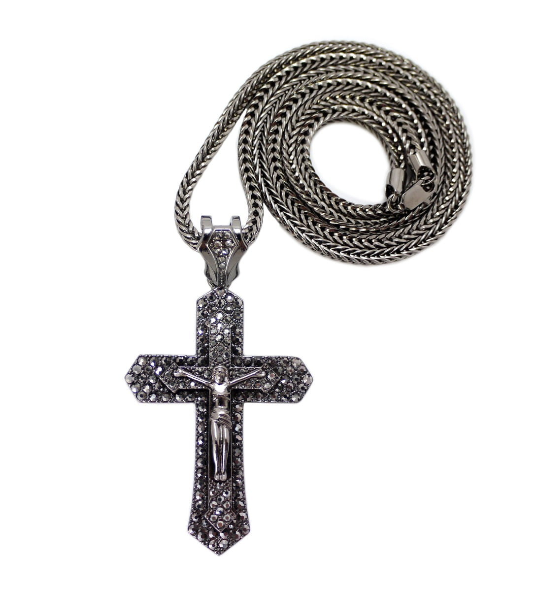 Paved Hematite Tone Crucifixion Cross Pendant w/ 4mm 36