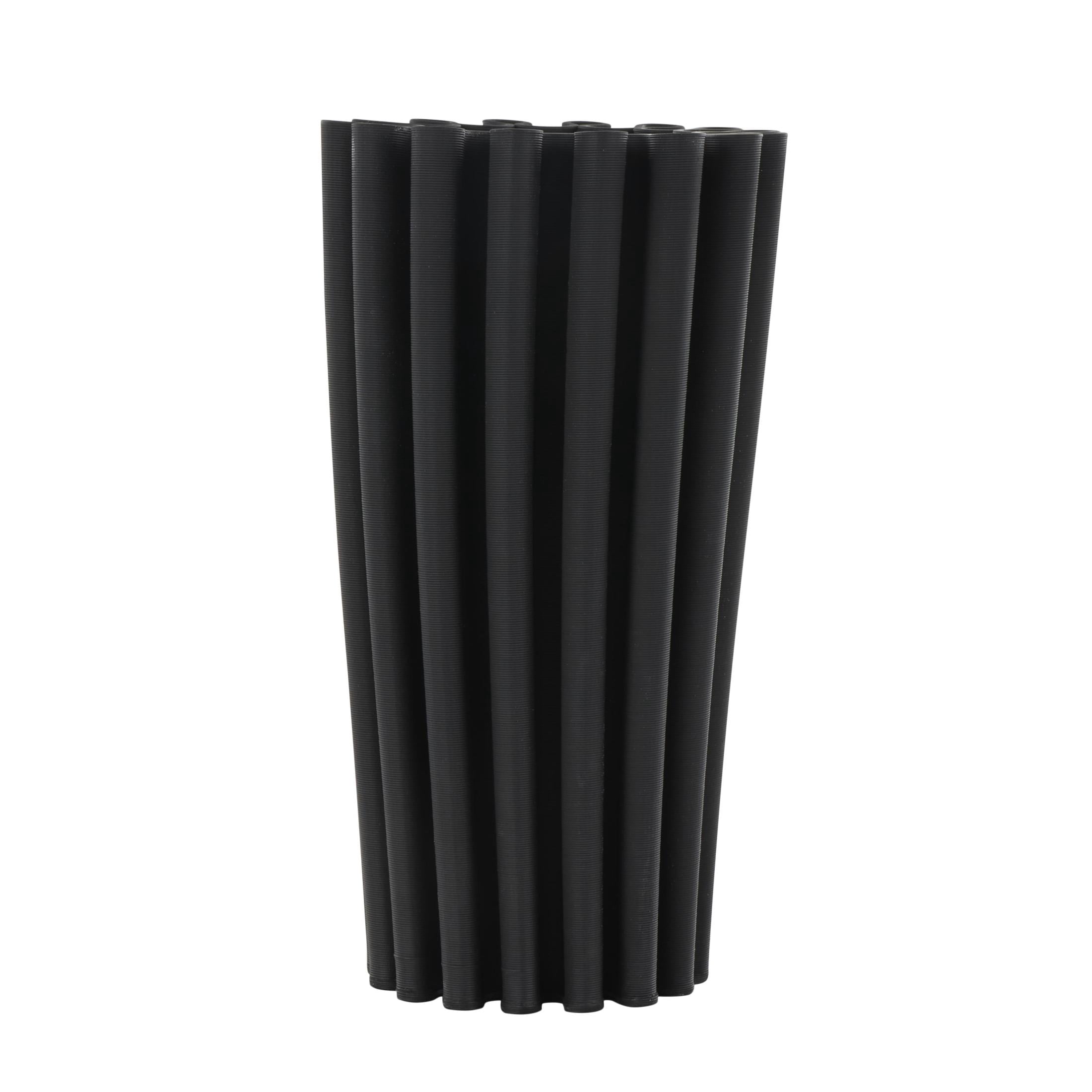 DecMode 12" Abstract Dimensional Ribbed Black Ceramic Vase with Cylindrical Ridges