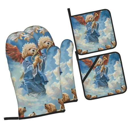 

Haiem Dog Angel Ascension Print Extra Long Oven Mitts and Pot Holders 4pc Sets: Heat Resistant Silicone Oven Mittens with Mini Oven Gloves and Hot Pads Potholders