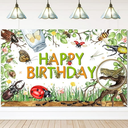 7x5ft Beautiful Backdrop Bugs Happy Birthday Party Banner Spring Insect Theme Birthday Party Decorations Microcosm Woodland Ladybug Reptile Inserts Birthday Party Decorations Banner for Kids