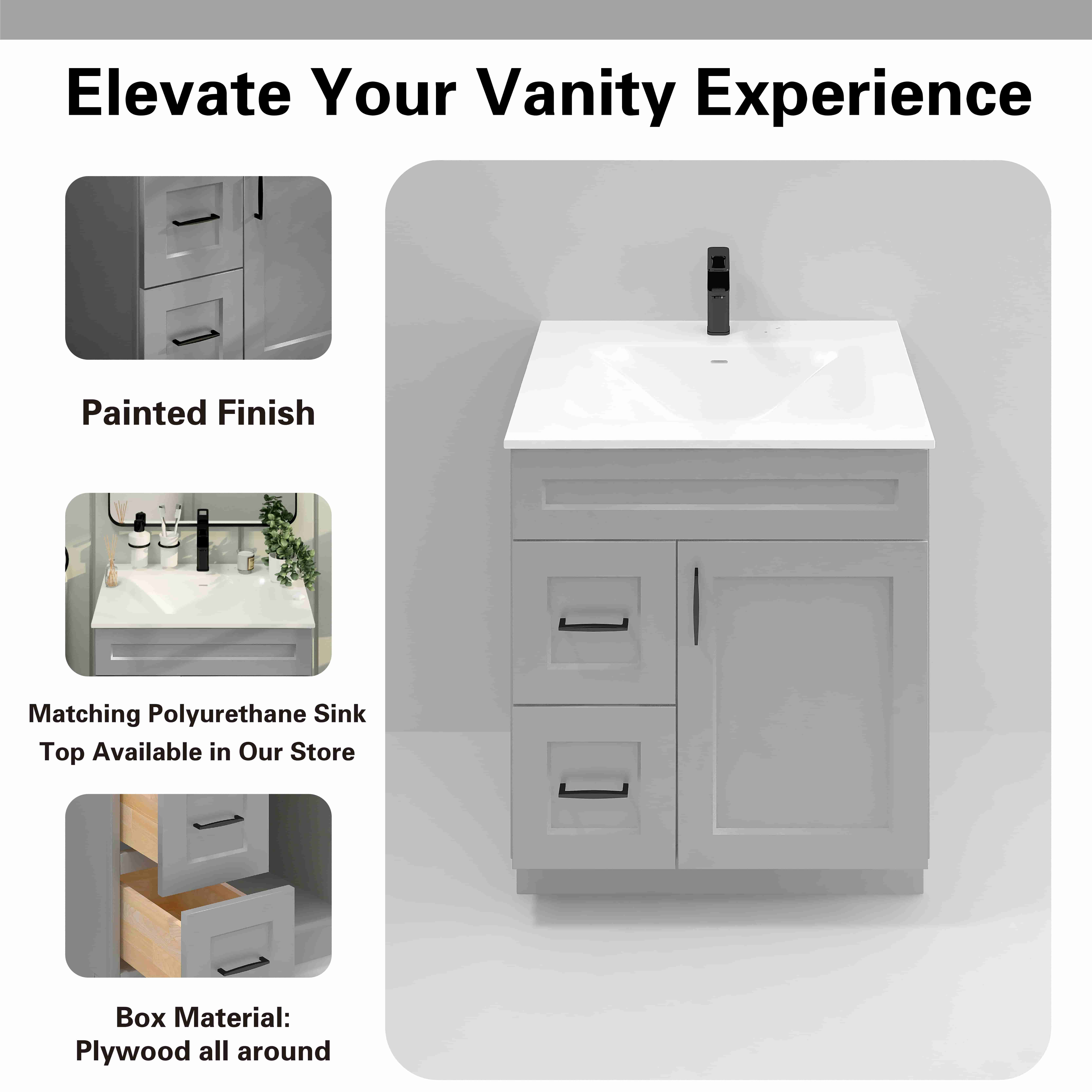 Light Grey Shaker Bathroom Vanity Sink Base with Drawers 30" Ready-to-Assemble Cabinet