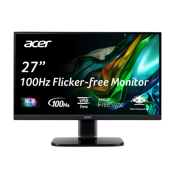 Acer KB272 EBI Monitor de oficina para juegos de marco cero IPS Full HD (1920 x 1080) de 27" | Tecnología AMD FreeSync | Actualización de hasta 100 Hz | 1 ms (VRB) | Luz azul baja | Inclinación | Puer