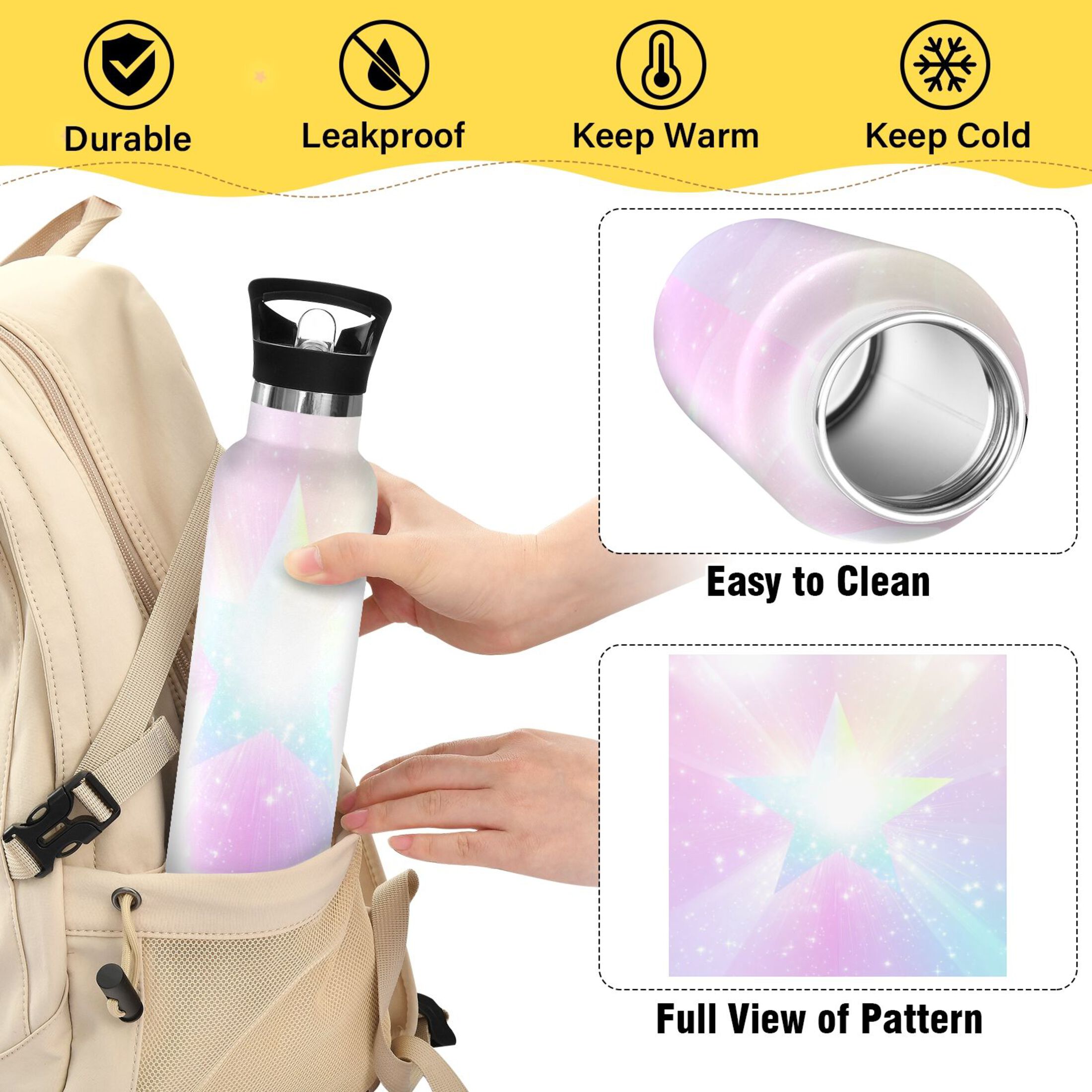 Kids Insulated Stainless Steel Sports Water Bottle 600ml (20oz) Rainbow Gradient Stars