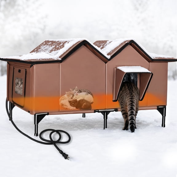 Extra Large Heated Outdoor Cat House for Multiple Cats, Weatherproof Insulated Winter Cat Shelter with Escape Door & Heating Pad (Brown)