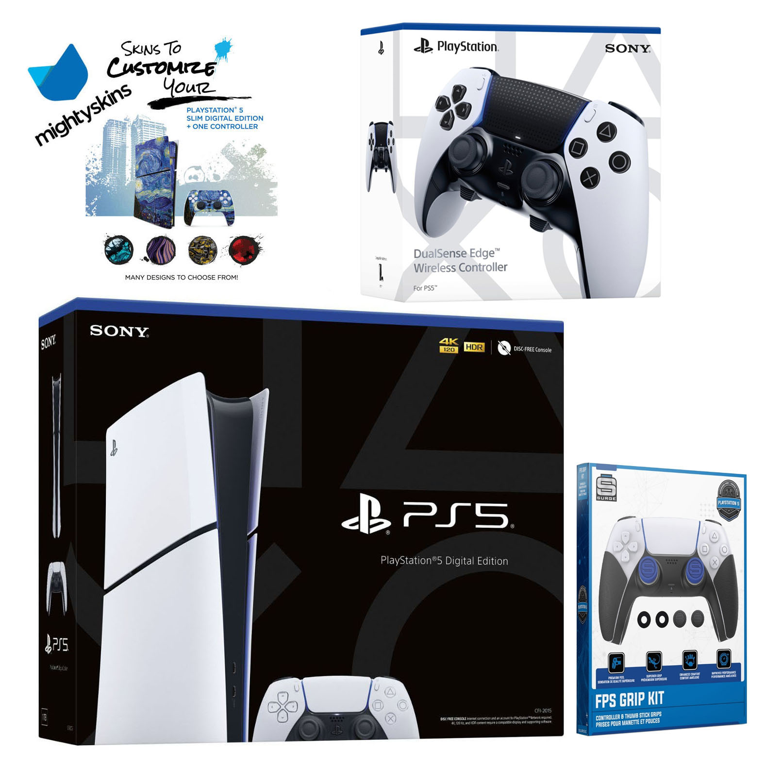 Sony PlayStation 5 Slim Digital with Extra Edge Controller, FPS Grip Kit and MightySkins Decal Voucher