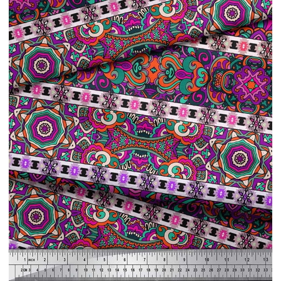 Soimoi Silk Fabric Stripe,Moroccan & Mandala Kaleidoscope Fabric Prints By Yard 42 Inch Wide
