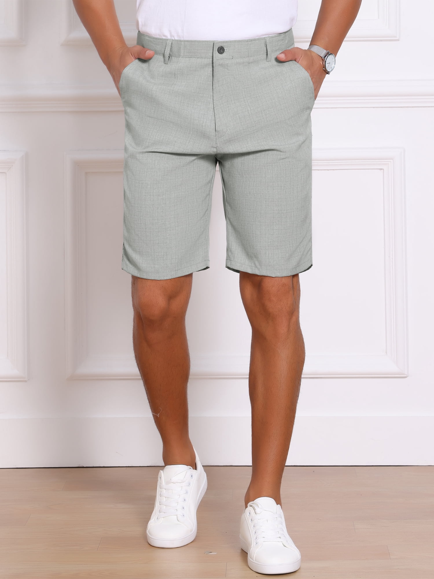 DARING DIVA Men's Above Knee Formal Linen Texture Shorts Pants with Pockets 36 Light Gray