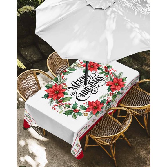 Outdoor Tablecloth with Umbrella Hole, Merry Christmas Red Flower Poinsettia Zippered Table Cloth for Rectangle Tables, Floral Wreath Berry Washable Waterproof Tablecloths for Picnic Patio Garden