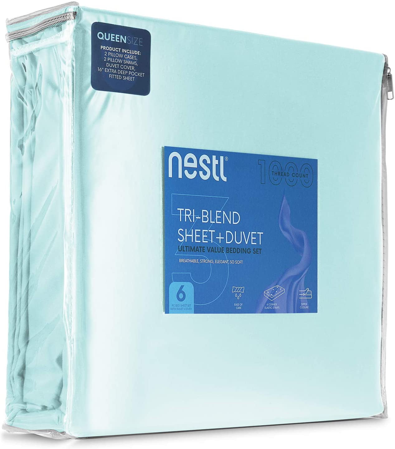Nestl® 1000 Thread Count Premium Cotton Blend 6 Piece Duvet Cover Set, Includes Duvet Cover, Deep Pocket Fitted Sheet, 2 Pillow Cases, 2 Pillow Shams - Lightweight, hypoallergenic - Queen, Light Blue