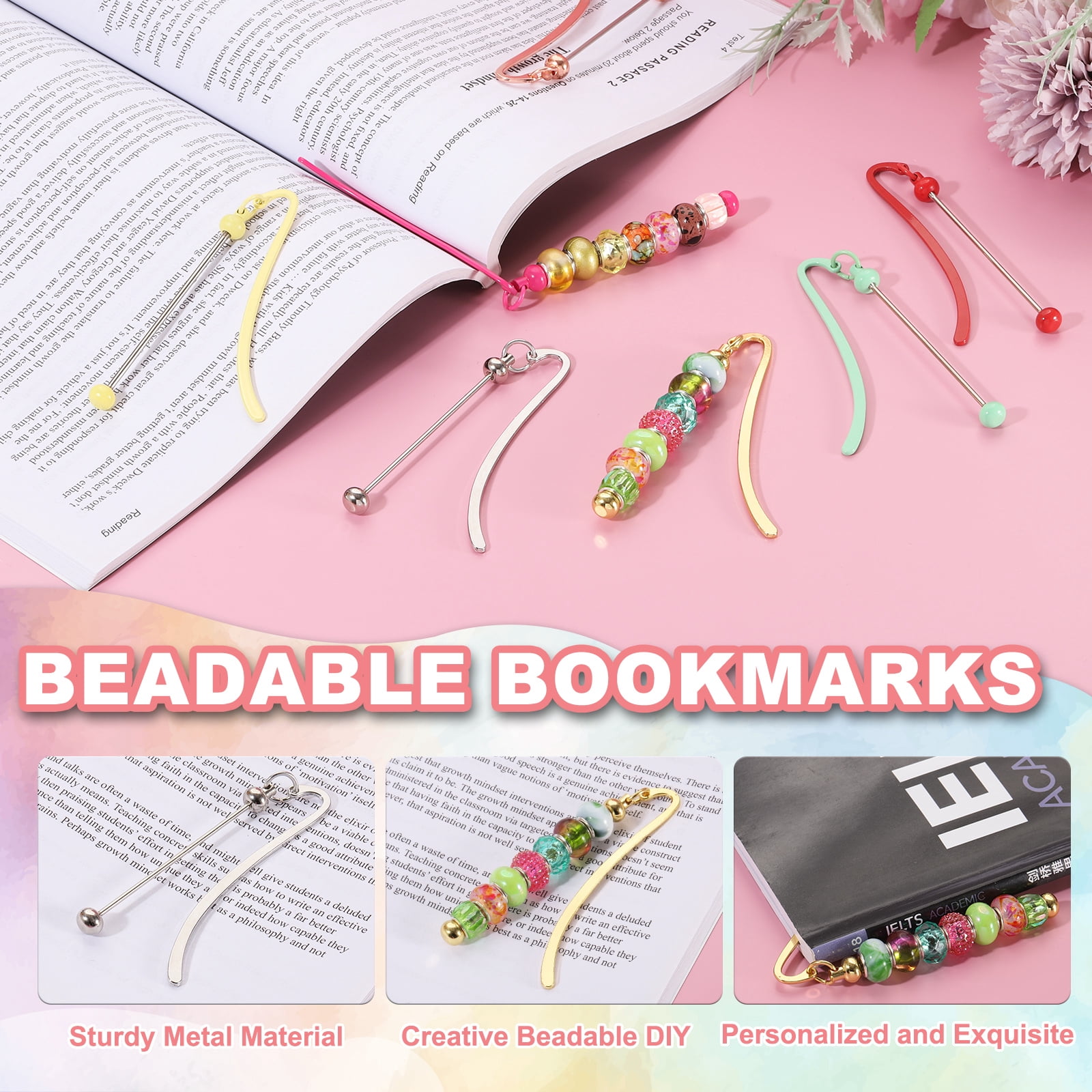 Uxcell 16 Pcs Beadable Bookmarks, DIY Metal Blank Bar Bookmark Bead Craft Jewelry Pendant Charm Book Mark for Gift Teacher Office Supplies Home Crafts, Electroplated Color Set/Khaki