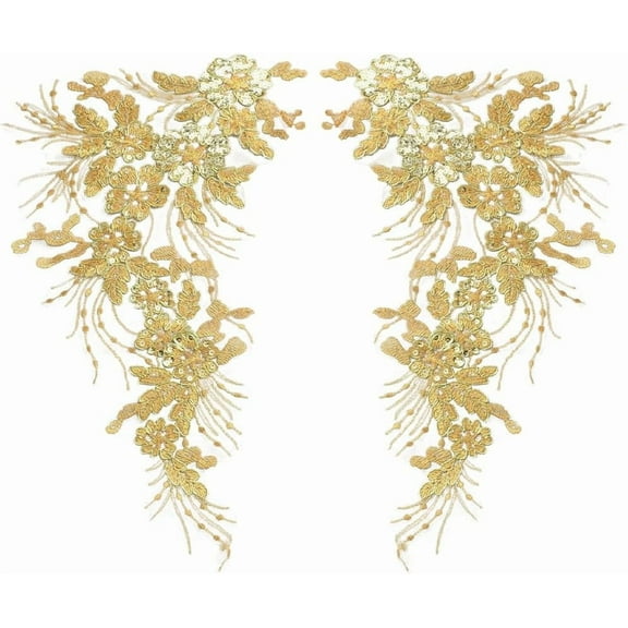 2Pcs Gold Sequin Flower Lace Applique 15.7 x 9.1 Inch Glitter 3D Floral Beaded Embroidery Sew on Patch Collar Trim Decoration