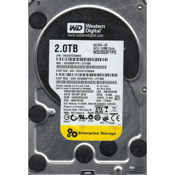 WD2003FYPS-27Y2B0, DCM HARCNV2CAB, Western Digital 2TB SATA 3.5 Hard Drive