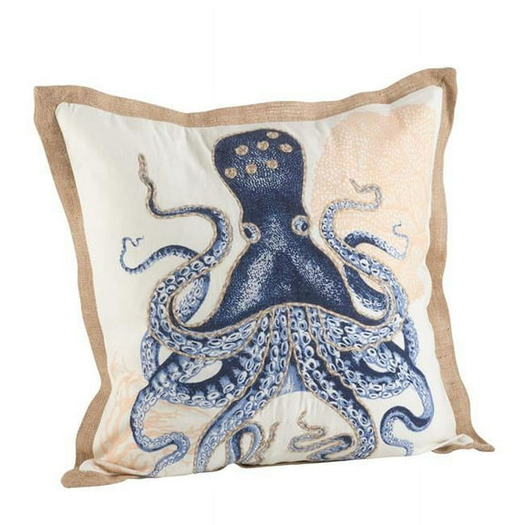SARO  20 in. Square Octopus Print Cotton Down Filled Throw Pillow  Navy Blue