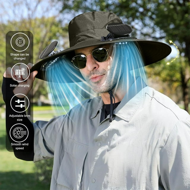 Solar USB Fan Hat, Outdoor Cooling Hat with Strong Wind, Sun Protection Breathable Mesh Design, Rechargeable Fisherman Hat for Hiking/Camping