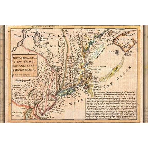 24"x36" Gallery Poster, 1729 post map Moll Map of New York, New England, and Pennsylvania (First Postal Map of New England)