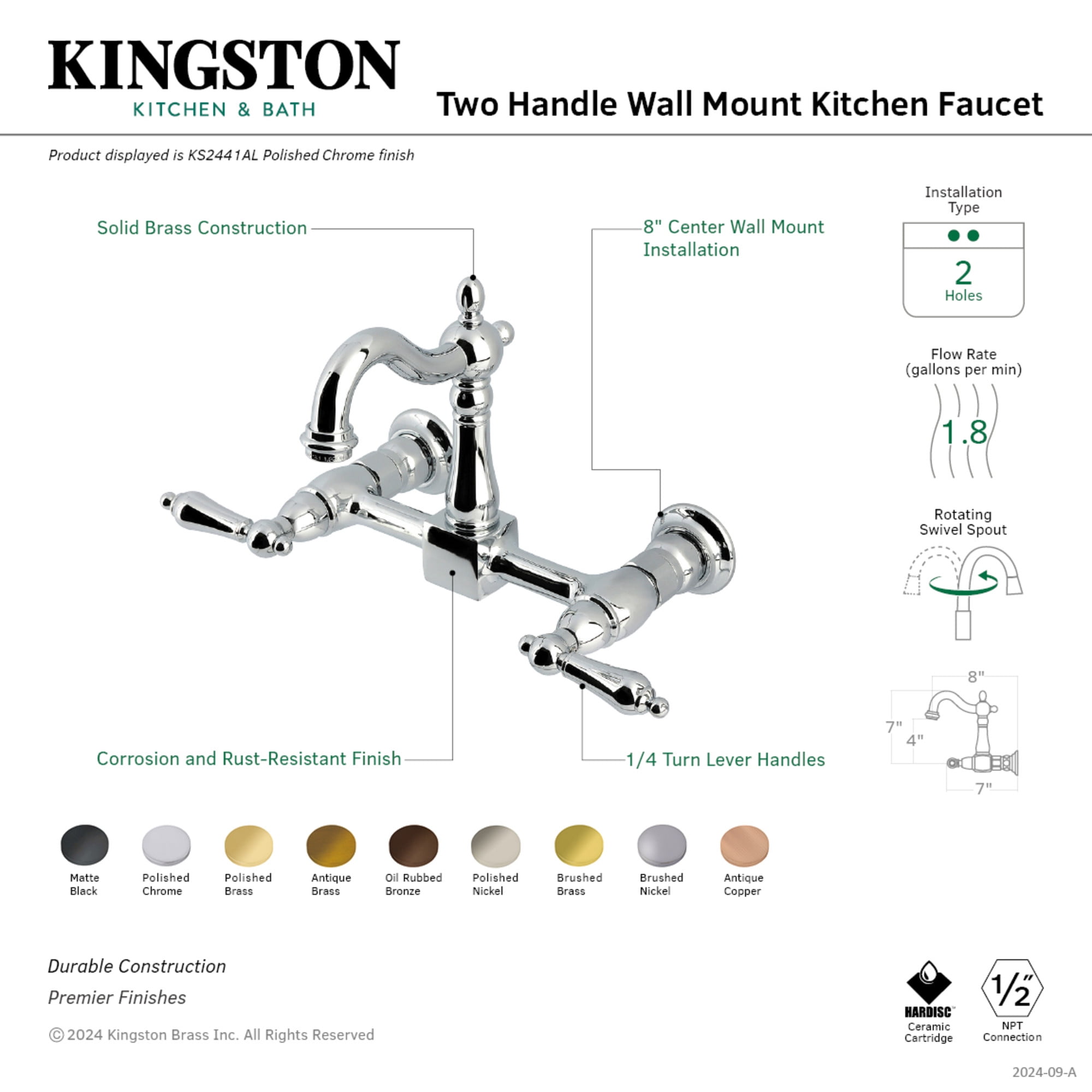 Kingston Brass KS2448AL Heritage Double-Handle Wall-Mount Bridge Kitchen Faucet, Brushed Nickel