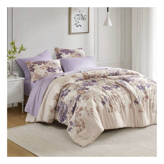 Floral Comforter Set with Bed Sheets Taupe King