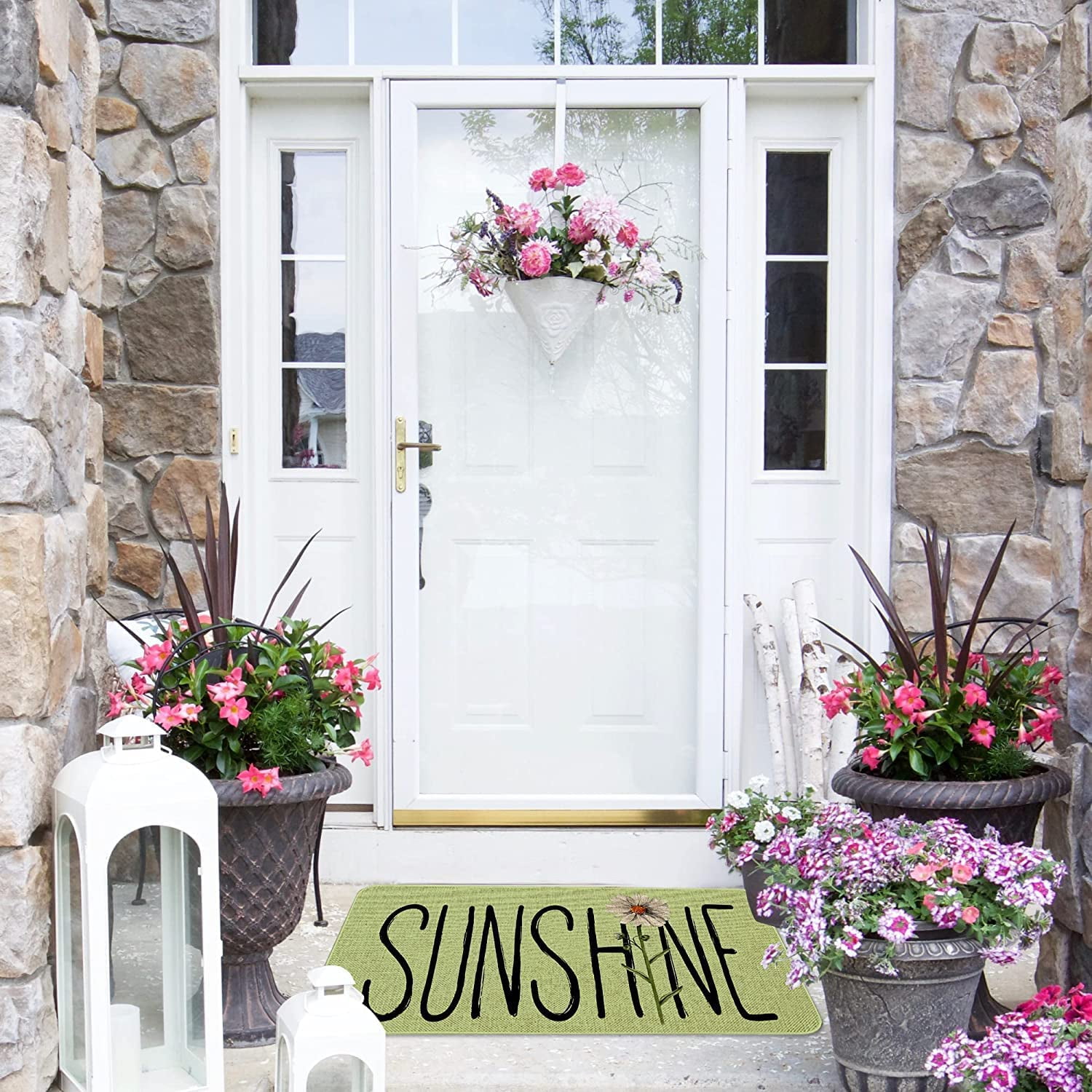 Sunhine Spring Decor Door Mat - Green Farmhouse Welcome Summer Mats Outdoor Colorful Flowers Doormat Non Slip Rubber Floral Decorative Front Door Mats Indoor Rug 17" x 30"