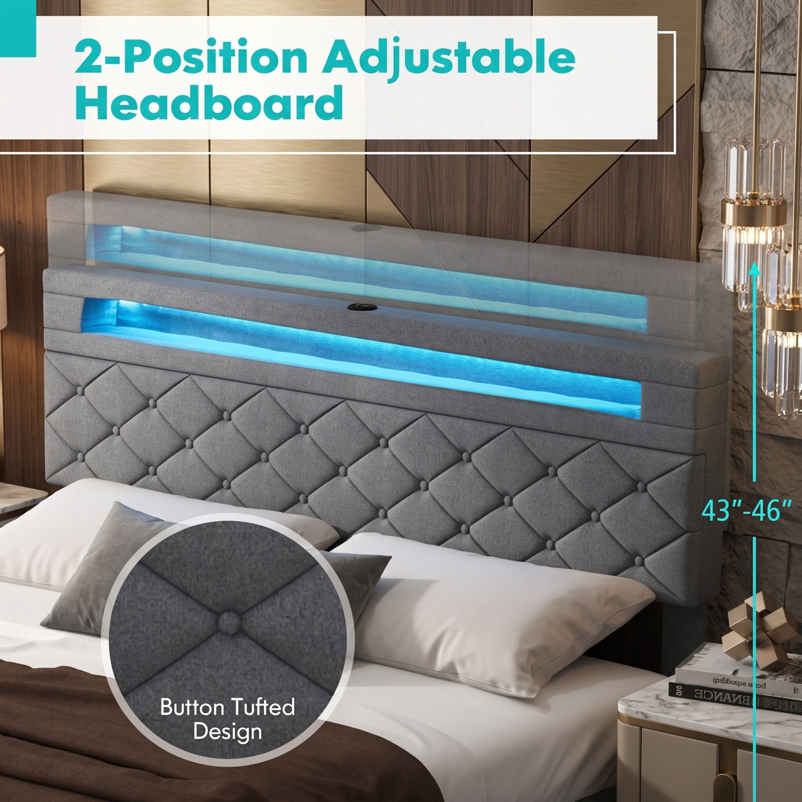 Furnibear Queen Size Bed Frame with LED Storage Headboard 4 Drawers and USB Ports, Upholstered Queen Platform Bed Frame for Bedroom, Gray