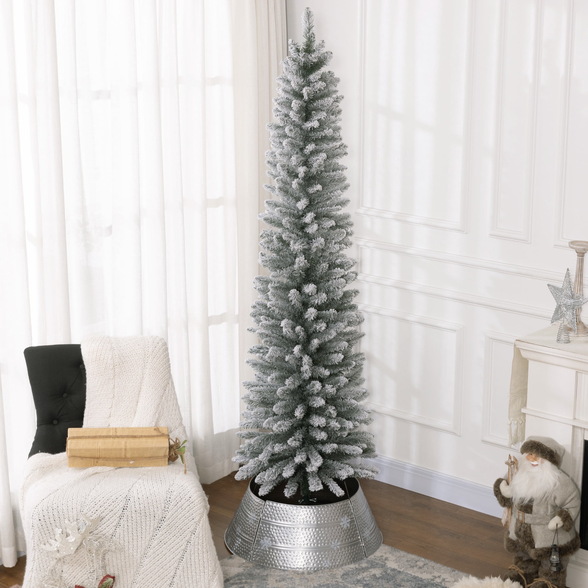 Alvantor Christmas Tree Snowy Pencil with 405 Tips, Unlit with Metal Stand 22.8"x22.8"x82.7" 7ft White