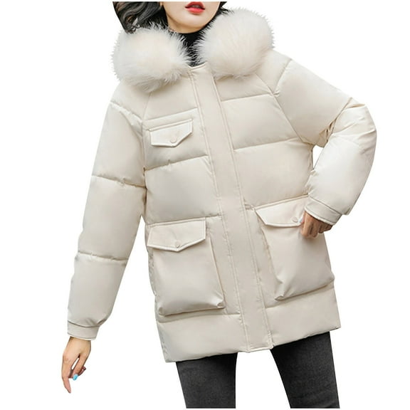 ShomPort Winter Jackets for Women Long Sleeve Solid Color Jackets Winter Warm Jacket with Plush Hood (White 1)