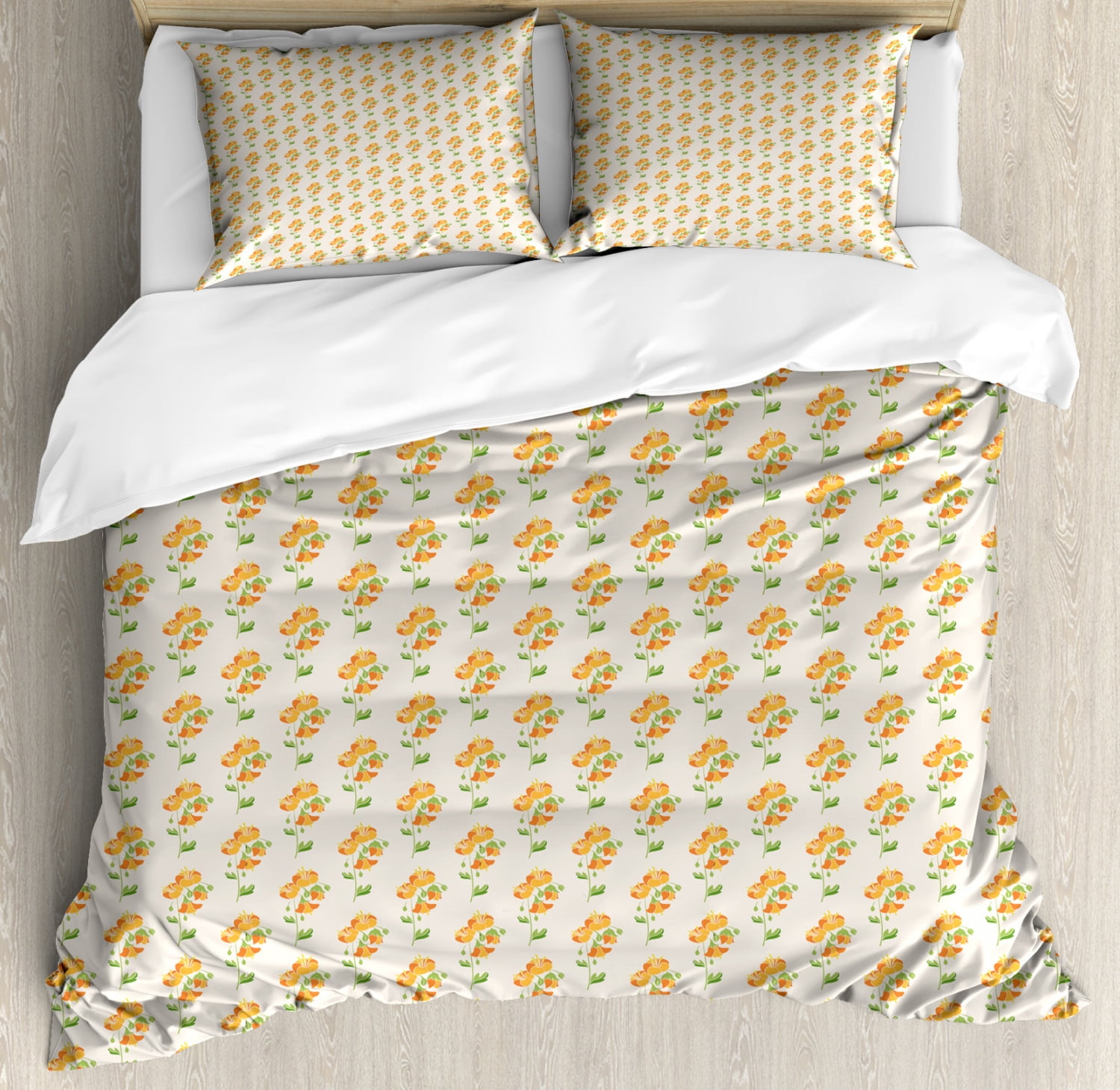 Burnt Orange Duvet Cover Set, Cartoonish Pattern of Flowers Leaves ...