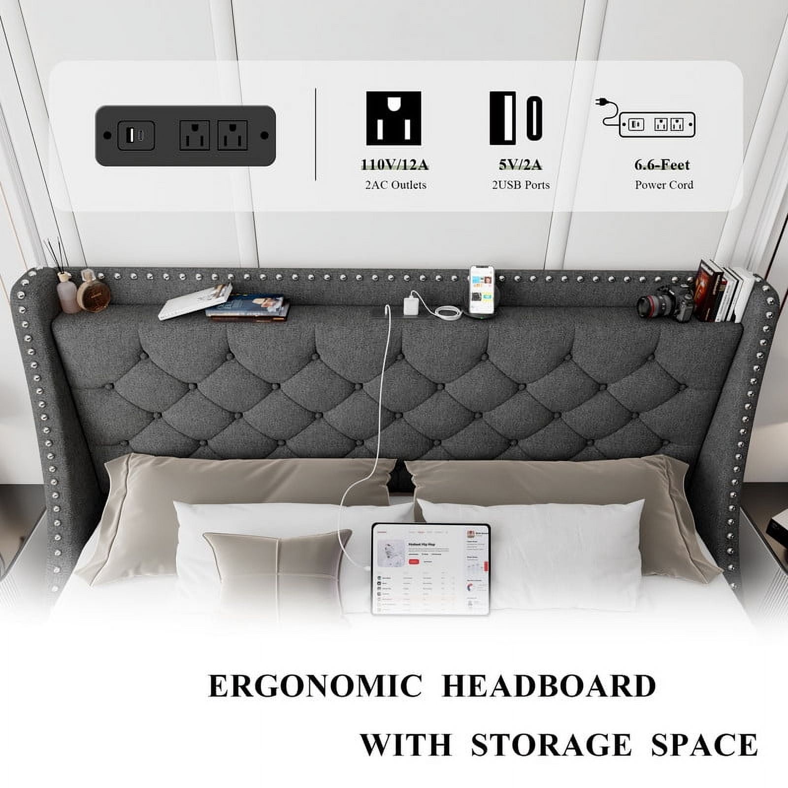 iPormis Queen Bed Frame with Upholstered Wingback Button Tufted Storage Headboard, Luxurious Platform Bed with Charging Station, Sturdy Wooden Slats Support,No Box Spring Needed, Dark Gray