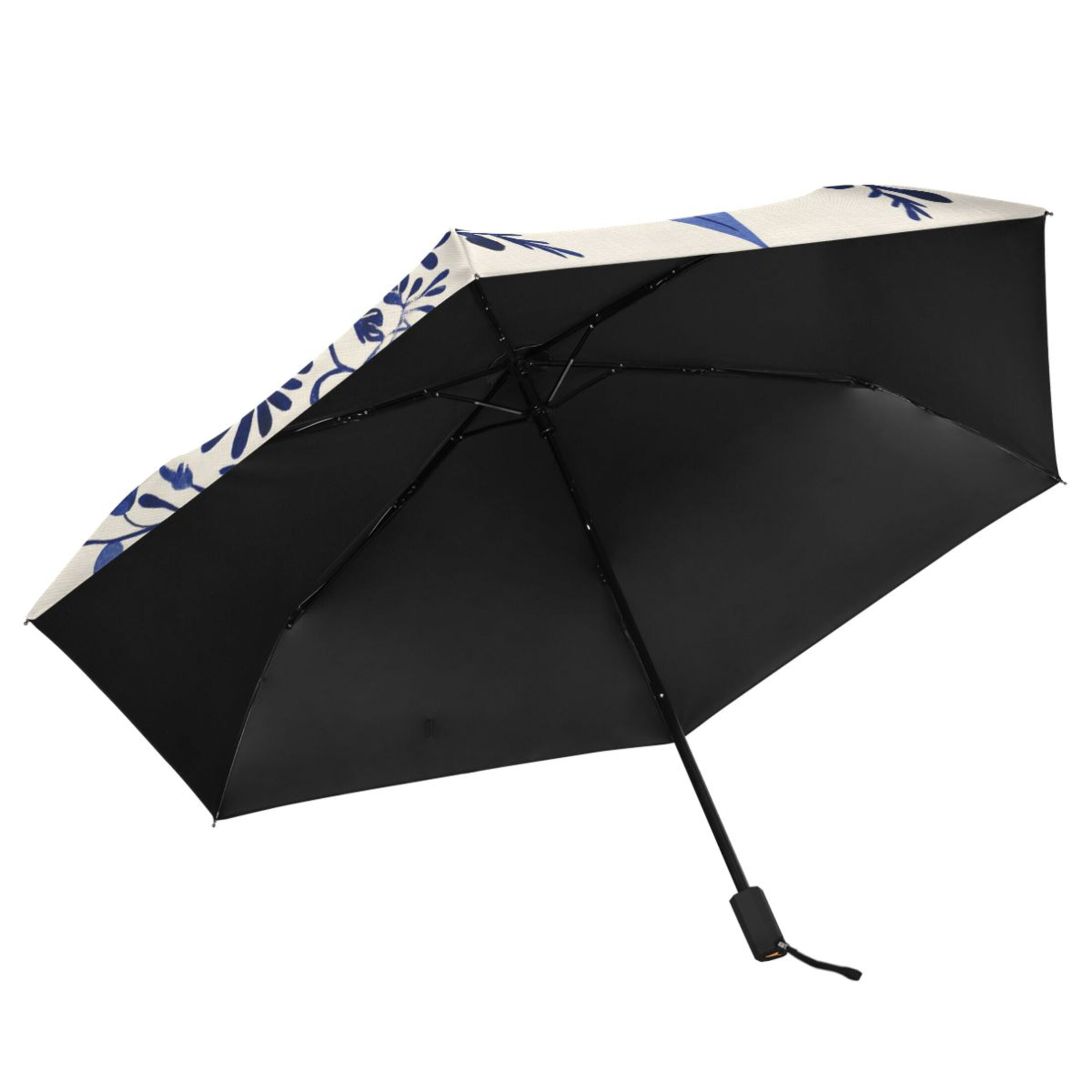 Dark Blue and Yellow Flowers Symmetrical All Weather Umbrella Triple Folding Parasol 6 Ribs UV Protection Portable